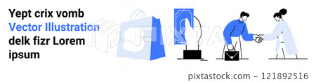 Displaying online shopping with a shopping bag, a hand interacting with a touchscreen, and two people engaging in a business transaction. Ideal for e-commerce, digital business, modern trade, online 121892516
