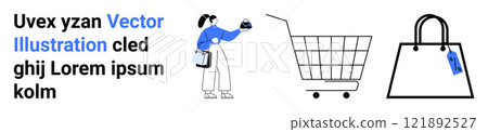 Woman holding a card, shopping cart, and handbag symbolize online shopping. Ideal for e-commerce, retail, digital marketing, payment methods, and modern lifestyle. Banner for landing page 121892527