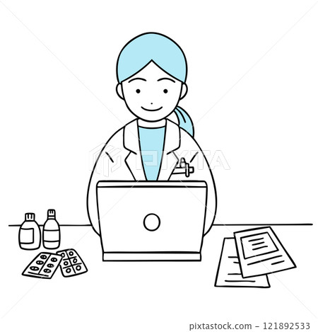 A woman in a white coat smiling and operating a PC 121892533