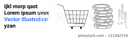 A shopping cart next to a stack of coins with upward arrows. Ideal for e-commerce, financial growth, investment, online shopping, and business success themes. Banner for landing page 121892559