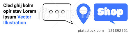 Cled ghij kolm opir stav Lorem ipsum features a chat bubble, location pin, and shop text. Ideal for online shopping, e-commerce, communication, navigation, and marketing. Banner for landing page 121892561