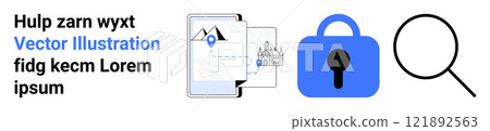 Map, magnifying glass, and blue lock icon arranged visually with placeholder text. Ideal for technology, security, navigation, privacy, and data analysis themes. Banner for landing page 121892563
