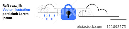 Lock with keyhole between two clouds and raindrops. Ideal for data security, cloud computing, information protection, online privacy, network security. Banner for landing page 121892575
