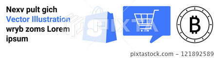Blue shopping bag with S, blue shopping cart chat bubble, black Bitcoin symbol. Ideal for e-commerce, online transactions, cryptocurrencies, digital marketing, and fintech. Landing page Blue shopping bag with S, blue shopping cart chat bubble, black Bitcoin symbol. Ideal for e-commerce, online transactions, cryptocurrencies, digital marketing, and fintech. Landing page 121892589
