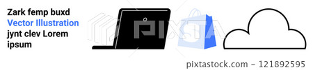 A black laptop, a blue shopping bag, and a black outlined cloud. Ideal for e-commerce, online shopping, digital marketing, cloud computing, and technology solutions. Landing page 121892595