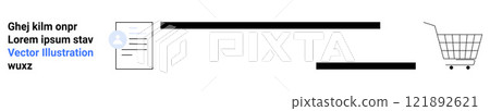 A document icon and a shopping cart with text blocks serve as a visual aid. Ideal for e-commerce, online shopping, business communication, web design, digital marketing. Banner for landing page 121892621