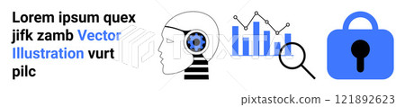 Shows a head with a gear, bar graph, magnifying glass, and lock icon. Ideal for technology, artificial intelligence, data analysis, cybersecurity, digital innovation. Banner for landing page Shows a head with a gear, bar graph, magnifying glass, and lock icon. Ideal for technology, artificial intelligence, data analysis, cybersecurity, digital innovation. Banner for landing page 121892623