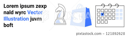 Chess knight, shopping bag, and calendar with text elements on a white background. Ideal for business strategy, e-commerce, scheduling, planning, and marketing themes. Landing page 121892628