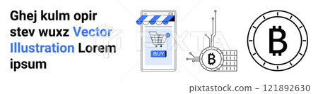 Smartphone with a shopping cart symbol and buy button complemented by Bitcoin symbols signifies digital payments and online transactions. Ideal for finance, technology, e-commerce, blockchain Smartphone with a shopping cart symbol and buy button complemented by Bitcoin symbols signifies digital payments and online transactions. Ideal for finance, technology, e-commerce, blockchain 121892630