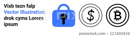 Blue padlock with symbols for dollar and bitcoin currencies Ideal for themes on security, digital currency financial transactions online safety and cryptocurrency investments Banner for landing page 121892638