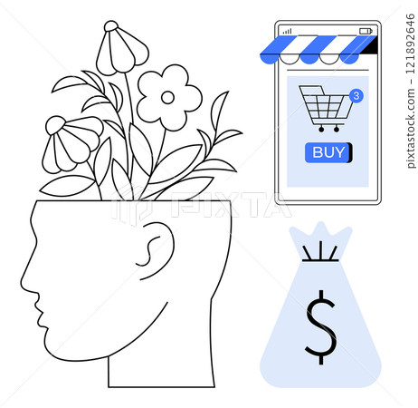 Side profile with flowers growing from the head, symbolizing creativity. Smartphone with a shopping app and a money bag. Ideal for creativity, e-commerce, online shopping, financial growth, mental Side profile with flowers growing from the head, symbolizing creativity. Smartphone with a shopping app and a money bag. Ideal for creativity, e-commerce, online shopping, financial growth, mental 121892646