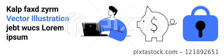 Person working on a laptop, a piggy bank with a dollar sign, and a blue padlock. Ideal for online security and savings, personal finance, digital banking, financial planning, and data protection 121892651