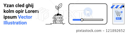 Growing plant on stacked layers, video player with play button, and online shopping cart on mobile. Ideal for growth concepts, video content, e-commerce, online shopping, digital platforms. Banner Growing plant on stacked layers, video player with play button, and online shopping cart on mobile. Ideal for growth concepts, video content, e-commerce, online shopping, digital platforms. Banner 121892652