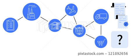 Flowchart showing supply chain process with icons of a clipboard, factory, warehouse, airplane, globe, truck, document, and a shopping cart. Ideal for logistics, manufacturing, supply chain Flowchart showing supply chain process with icons of a clipboard, factory, warehouse, airplane, globe, truck, document, and a shopping cart. Ideal for logistics, manufacturing, supply chain 121892656