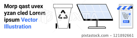 Three vector icons are included a recycling bin, a solar panel, and a smartphone displaying an online store with a shopping cart. Ideal for environmental sustainability, renewable energy, e-commerce 121892661