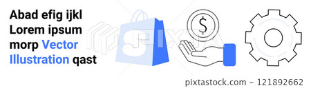 A shopping bag, a coin in a hand, and a gear wheel. Ideal for online shopping, financial transactions, technological innovation, e-commerce solutions, business automation. Landing page 121892662