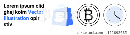 Three icons are visible including a shopping bag, a cryptocurrency symbol, and a clock. Ideal for business landing page, e-commerce, cryptocurrency, finance, and time management. Landing page 121892685