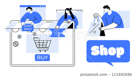 People browsing online shopping deals including cashback and discount offers. Ideal for e-commerce, digital marketing, sales promotions, online shopping, retail business strategies. Simple graphic People browsing online shopping deals including cashback and discount offers. Ideal for e-commerce, digital marketing, sales promotions, online shopping, retail business strategies. Simple graphic 121892686