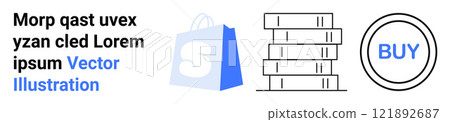 Shopping bag icon, stack of books, and a buy button with text. Ideal for e-commerce, online bookstores, digital marketing, online shopping portals, and user interface design. Landing page Shopping bag icon, stack of books, and a buy button with text. Ideal for e-commerce, online bookstores, digital marketing, online shopping portals, and user interface design. Landing page 121892687