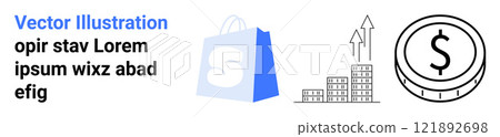 Blue shopping bag with S logo, graph with increasing arrows, circular dollar coin symbol. Ideal for e-commerce, business growth, online shopping, financial success, digital marketing. Landing page 121892698