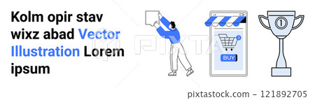 Person pasting a paper on the wall, a smartphone screen with a shopping cart and BUY button, and a trophy. Ideal for business success e-commerce online shopping achievement mobile marketing 121892705