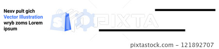 Blue shopping bag icon beside a gray gear. Ideal for e-commerce, online shopping, digital marketing, consumer technology, and automation themes. Landing page 121892707