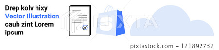 Document, shopping bag with a logo, and cloud icons. Ideal for online shopping, cloud storage, digital documents, retail, and minimalist designs. Landing page 121892732