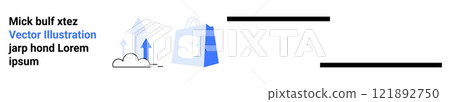 Blue shopping bag with an S and upward arrows on a white background. Ideal for online shopping, e-commerce, digital marketing, business growth, and retail websites. Landing page 121892750
