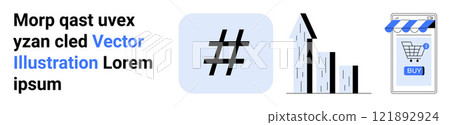metadata tag symbol, growth graph, and online store mobile interface. Ideal for social media marketing, business growth, online shopping, digital strategy, and technology integration. Banner 121892924