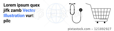 Simple illustration includes a globe, a stethoscope, and a shopping cart, accompanied by placeholder text. Ideal for healthcare themes, global services, shopping platforms, medical presentations Simple illustration includes a globe, a stethoscope, and a shopping cart, accompanied by placeholder text. Ideal for healthcare themes, global services, shopping platforms, medical presentations 121892927