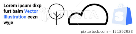Minimalistic line art featuring a tree a cloud and a shopping bag icon accompanied by dummy text. Ideal for nature technology e-commerce marketing and design-related themes. Landing page Minimalistic line art featuring a tree a cloud and a shopping bag icon accompanied by dummy text. Ideal for nature technology e-commerce marketing and design-related themes. Landing page 121892928