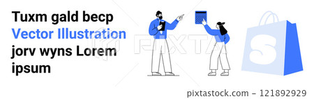 Man and woman with clipboard and tablet. Blue shopping bag icon. Ideal for e-commerce, online shopping, business presentations, marketing materials, website headers. Landing page Man and woman with clipboard and tablet. Blue shopping bag icon. Ideal for e-commerce, online shopping, business presentations, marketing materials, website headers. Landing page 121892929