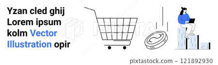 Shopping cart, coin, and person with laptop on bar chart. Ideal for e-commerce, online business, financial growth, digital marketing, and technology. Banner for landing page Shopping cart, coin, and person with laptop on bar chart. Ideal for e-commerce, online business, financial growth, digital marketing, and technology. Banner for landing page 121892930