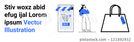 Shows a smartphone with an online store app interface and a shopper standing next to a shopping bag. Ideal for e-commerce, online shopping, digital marketing, mobile apps, consumer behavior. Banner 121892932