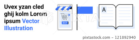Mobile device with shopping cart button icon leads to an open book with letter A. Ideal for e-commerce, digital learning, online shopping, mobile applications, digital transformation. Banner 121892940