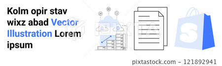 Vector artwork showing a cloud computing system, file management, and a shopping bag. Ideal for technology, business, cloud services, e-commerce, and data management. Landing page 121892941
