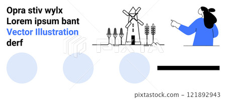 Windmill and wheat field with a person pointing towards it. Ideal for agriculture, renewable energy, sustainable farming, nature conservation, eco-friendly practices. Banner for landing page Windmill and wheat field with a person pointing towards it. Ideal for agriculture, renewable energy, sustainable farming, nature conservation, eco-friendly practices. Banner for landing page 121892943