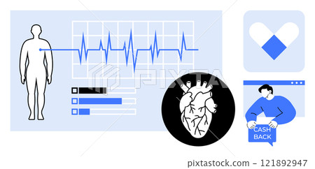 Human silhouette, EKG line, heart, and cashback element represent medical monitoring and financial incentives. Ideal for healthcare, wellness apps, cardiology, medical technology, and financial Human silhouette, EKG line, heart, and cashback element represent medical monitoring and financial incentives. Ideal for healthcare, wellness apps, cardiology, medical technology, and financial 121892947