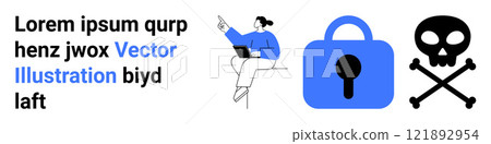 Person using a laptop points at data, accompanied by a blue lock and a skull and crossbones symbol. Ideal for cybersecurity, data protection, online threats, hacking, and safety measures. Banner Person using a laptop points at data, accompanied by a blue lock and a skull and crossbones symbol. Ideal for cybersecurity, data protection, online threats, hacking, and safety measures. Banner 121892954
