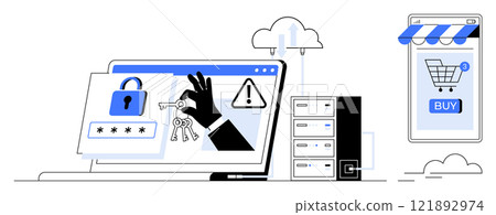 Depiction of a laptop with security icons, a data server, and a smartphone with a shopping cart. Ideal for cybersecurity, online shopping, data protection, e-commerce security, and digital privacy 121892974