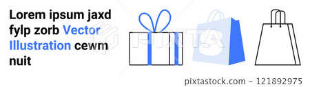 Three different icons featuring a wrapped gift, a shopping bag with an S logo, and a plain shopping bag. Ideal for e-commerce websites, online stores, gift shops, product promotions, and holiday 121892975