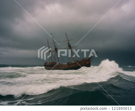 seascape old sailing ship in stormy waves 121893013