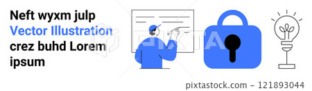 Diagram of a person drawing on a board, a blue padlock icon, and a lightbulb symbol. Ideal for technology, security, creativity, data protection, and innovation topics. Banner for landing page 121893044