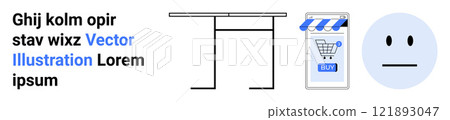 Simplistic design featuring a cartoonish face, a table, and a mobile phone with a shopping cart icon. Ideal for e-commerce, online shopping, web design, digital marketing, and user experience themes Simplistic design featuring a cartoonish face, a table, and a mobile phone with a shopping cart icon. Ideal for e-commerce, online shopping, web design, digital marketing, and user experience themes 121893047