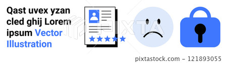 Document with user profile and star rating, a sad face, and a security lock icon. Ideal for privacy, user feedback, online reviews, data security, digital concerns. Banner for landing page 121893055
