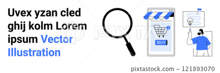 Mobile device displaying shopping cart, magnifying glass for search, customer service agent with headset. Ideal for e-commerce, online shopping, customer support, digital marketing, SEO. Banner Mobile device displaying shopping cart, magnifying glass for search, customer service agent with headset. Ideal for e-commerce, online shopping, customer support, digital marketing, SEO. Banner 121893070
