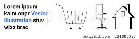 Shopping cart, office chair, and house outline with placeholder text. Ideal for e-commerce, office furniture, real estate, placeholder text usage, modern design. Banner for landing page 121893083