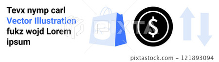 Blue shopping bag with S logo, dollar currency sign in black circle, and light blue bidirectional arrows. Ideal for e-commerce, finance, online shopping, business transactions, digital market Blue shopping bag with S logo, dollar currency sign in black circle, and light blue bidirectional arrows. Ideal for e-commerce, finance, online shopping, business transactions, digital market 121893094