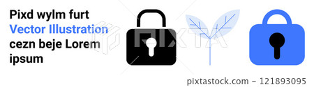 Two padlocks, one black and one blue, flank a simple blue leaf. Ideal for digital security, cybersecurity awareness, eco-security, technology protection, and sustainability themes. Banner for landing Two padlocks, one black and one blue, flank a simple blue leaf. Ideal for digital security, cybersecurity awareness, eco-security, technology protection, and sustainability themes. Banner for landing 121893095