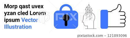 Lock icon, head with arrows, and thumbs up. Ideal for cybersecurity, personal development, digital approval, technology, and online safety themes. Banner for landing page Lock icon, head with arrows, and thumbs up. Ideal for cybersecurity, personal development, digital approval, technology, and online safety themes. Banner for landing page 121893096